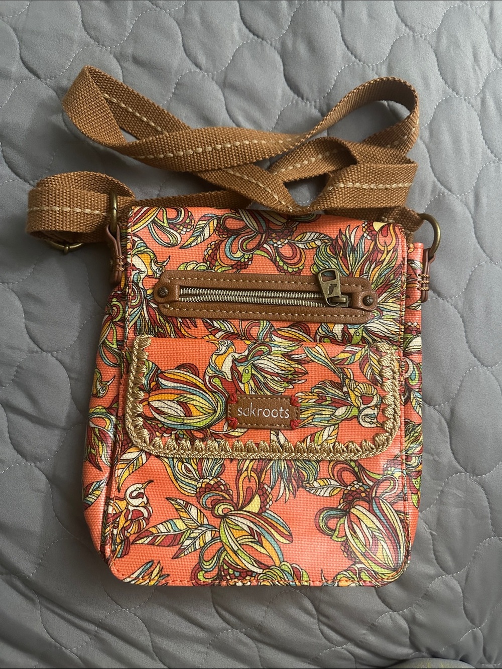 Sakroots Coral Multicolor Floral Crossbody with Brown Strap